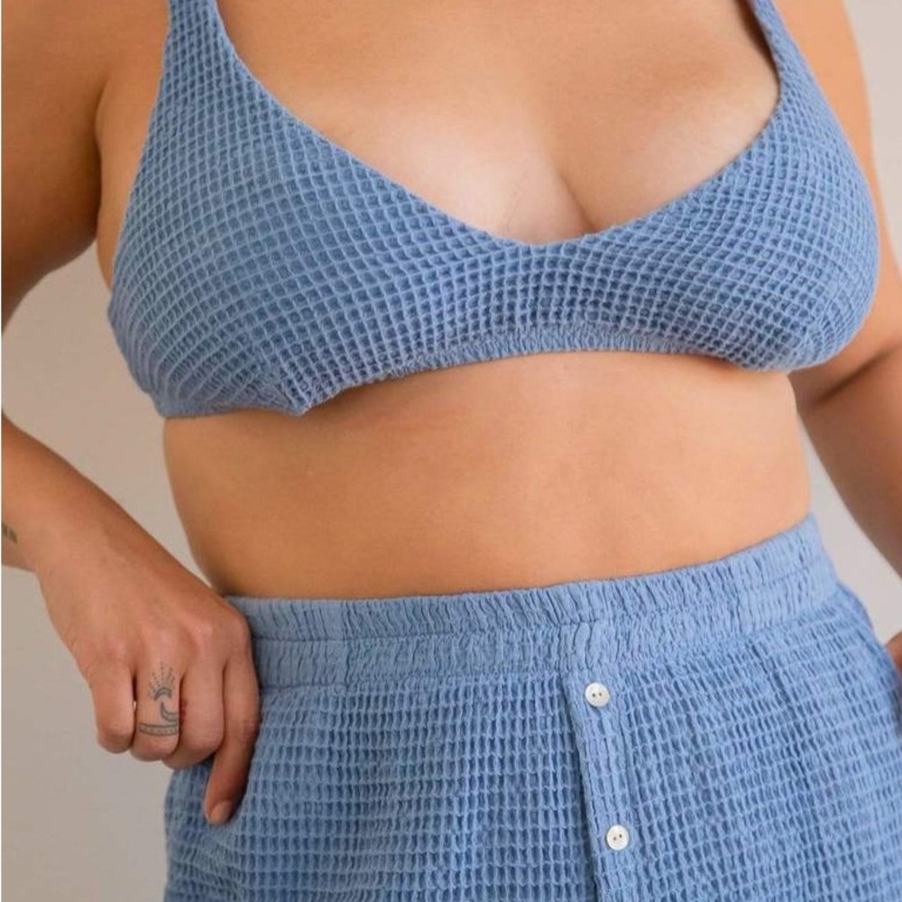DONNI. Blue Waffle Knit Crop Top